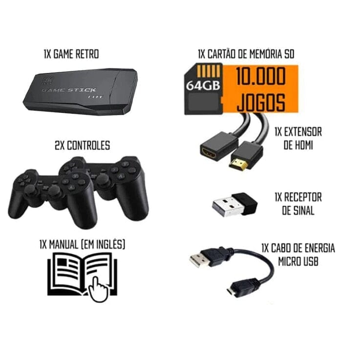 Super Vídeo Game Stick Retrô - 10.000 Jogos 4K, 64GB + 2 Controles